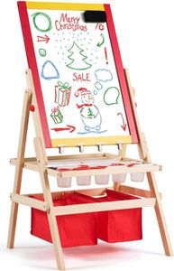 Detský stojan COSTWAY 3 v 1, detská obojstranná tabuľa, tabuľa a krieda a papier na kreslenie, stojaca tabuľa, hracia tabuľa, drevená tabuľa, vrátane 2 úložných boxov a príslušenstva