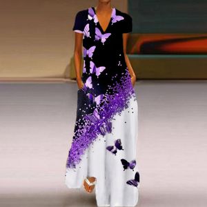 Maxikleider Damen Sommerkleid Kurzarm Freizeitkleid V-Ausschnitt Elegante Blumenkleid Lang Lila,Größe 2XL