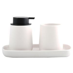 MSV Badezimmer Set, 3-teiliges Badzubehör aus Keramik Maonie Seifenspender, Badablage, und Zahnputzbecher – matt Weiß