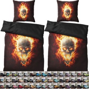 SANILO® Bettwäsche 135x200 cm, 100% feinste Baumwolle, 4-teilig, Bettbezug, Kissenbezug 80x80cm - Totenkopf in Flammen