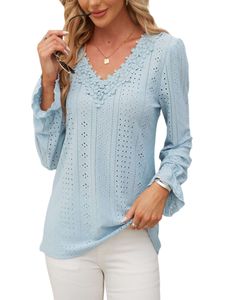 Damen Blusen Langarm V-Ausschnitte Tshirt Tunika Casual Lose Sommershirt Pullover Blau,Größe XL