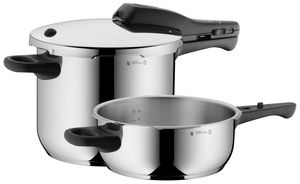 WMF Perfect Schnellkochtopf Set Induktion 2-teilig, Dampfkochtopf 6,5l + 3l, Cromargan Edelstahl poliert, 2 Kochstufen, Einhand-Kochstufenregler