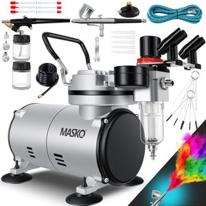 MASKO® Airbrush-Set mit Kompressor 4 bar inkl. Airbrush-Pistolen | Lackierpistole Komplett-Set Tattoo Kunst Malerei | Nadeln & Düsen im Zubehör | Multifunktions Dual-Set mit Manomter & Luftfilter