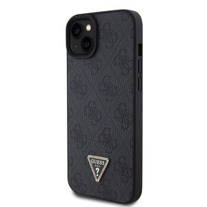 Guess PU 4G Strass Triangle Metal Logo Zadní Kryt pro iPhone 15 Plus Černý