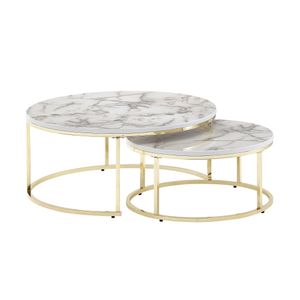 Konferenční stolek Wohnling Set of 2 White Gold Marble Optics Sofa Table Round Modern | Konferenční stolky 2-dílné kovové | Kulaté stoly do obývacího pokoje | Designové sady stolů