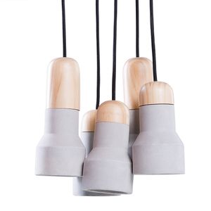 Hängeleuchte Grau Beton und Holz 5-flammig Schirme in Glockenform für runden Esstisch Whonzimmer Industrial Style