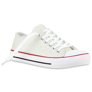 Mytrendshoe Modische Damen Sneakers Low Glitzer Turnschuhe Flats 811085, Farbe: Creme, Größe: 37