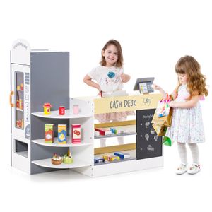 Dětský obchod COSTWAY, sada supermarketu s pokladnou, pokladní automat, dřevěný obchod, pro děti od 3 do 8 let (bílá)
