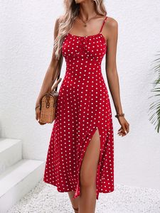 Sommerkleider Damen Spaghettiträger Kleider Midikleid Split Kleid Polka Dot Strandkleid Rot,Größe XL