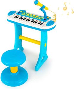 KOMFOTTEU 31 Tasten Keyboard Set für Kinder, Kinderklavier mit Sound Lichteffekte & Mikrofon, Elektronisches Klavier Spielzeug inkl. Hocker, Kinderkeyboard 22 Beat/8 Töne/7 Rhythmen (Blau)