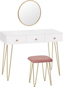 Toaletný stolík so stoličkou a zrkadlom moderný dizajn zlatý 3 zásuvky