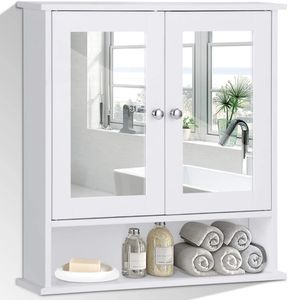 COSTWAY Zrkadlová skrinka s výškovo nastaviteľnou policou a zrkadlovými dvierkami, nástenná skrinka do kúpeľne, kúpeľňová skrinka, 58,5x56,5x13,5 cm biela