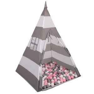 Selonis tipi spielzelt mit 400 bälle 6 cm zelt für kinder, grau-weiße streifen:weiß/grau/puderrosa