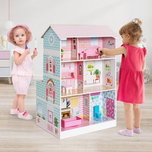 COSTWAY 2in1 Kinderküchen-Spielse, 3-stöckiges Puppenhaus, doppelseitiges Spielhausset mit Sound, Licht & Zubehörmöbeln