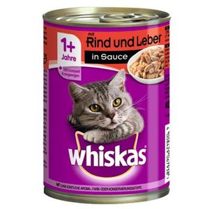 Whiskas 1+ Dosen in Gelee / Sauce Katzenfutter 12 x 400 g Rindfleisch & Leber in Sauce