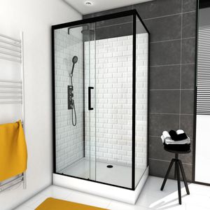 Dusche Komplett MARWELL Komplettdusche Fertigdusche White Stone 80 x 110 x 230  cm - Dusche im komplett Set inkl. Duschwanne und Armatur - Rückwand aus weißem Glas - mit Fronteinstieg