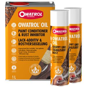 Owatrol Öl Bundle Größen: 1 x Liter + 2 x 300 ml Spray, Rostumwandler, Grundierung, Rostschutz, dauerhaft elastisch, Oldtimer, Lufttrocknend