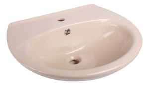 Calmwaters® Ovales Waschbecken in Beige-Bahamabeige, aus hochwertiger Sanitär-Keramik mit Hahnloch und Überlauf zur Wandmontage, ovaler Hänge-Waschtisch, 65 x 54 cm groß, 05AB3273