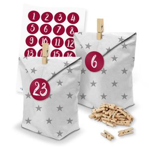 itenga SET Adventskalender 24 x Tüten Sterne + Klammern + Zahlensticker (Z49)