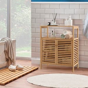 COSTWAY Badezimmerschrank Bambus, Badschrank mit 2 Lamellentüren, Schrank multifunktional für Badezimmer, Wohnzimmer, Küche, Flur, 64 x 27,5 x 80 cm