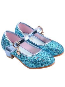 Kinder Mädchen Glänzende Prinzessin Schuhe Bequeme Tanzschuhe Kurze Ferse High Heels,Farbe: Blau,Größe:28