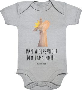 Mr. & Mrs. Panda Organic Baby Body Lamakopf König 1. - 3. Monat - Heather Grey - Geschenk, Strampler, Babykleidung, Lamas, Alpaka, Wickelbody, Junge, Babystrampler