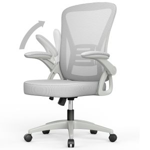 Bürostuhl – Ergonomischer Sitz – Sessel mit 90° klappbarer Armlehne – Lordosenstütze – höhenverstellbar - Grau