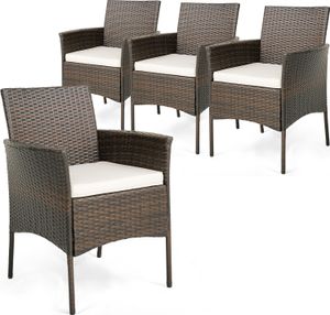 COSTWAY 4er Rattanstühle für draußen, PE-Geflecht Gartenstühle mit Sitzkissen, Metallrahmen & Gebogene Armlehnen, Essstühle 63x59x84cm