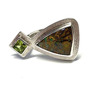 moderner Ring 925 Silber mit Opal + Peridot UNIKAT