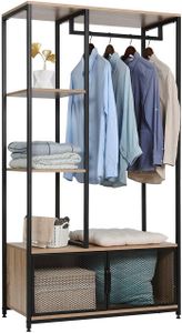 WOLTU Garderobenständer mit Lagerschrank Kleiderschrank Offener aus Holz und Metall, für Schlafzimmer, Eiche