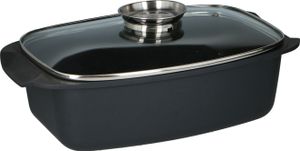 alpina Bräter mit Glasdeckel und Aromaknopf, 5,5 Liter, Schwarz, für Dämpfen und Braten