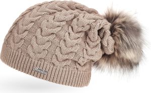coole Damen Strickmütze Strick-Beanie gefüttert Fell-Bommel Winter-Mütze Bommelmütze Neverless® dunkel-beige unisize