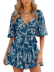 Damen V-Ausschnitt Chiffonkleider Schnüren Kurze Minikleider Elegantes Kurzarm Kleid Blau,Größe Xl