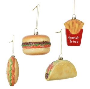 Christbaum Schmuck 4er Set - Fast Food - Hot Dog Pommes Hamburger Taco - Weihnachtsbaum Deko Kugeln