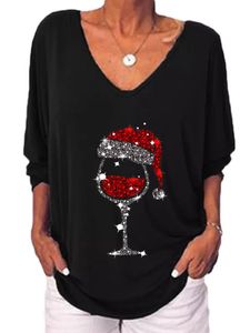 Damen Weinglas Print T-Shirt Urlaub 3/4 Ärmel Pullover Loose Glitter Tunika Bluse Langarmshirts