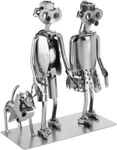 BRUBAKER Schraubenmännchen Liebespaar - Paar mit Hund - Eisenfigur - Handarbeit Metallfigur Liebe - Silber Paar Geschenk für Hundebesitzer