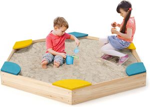 COSTWAY 140 x 122 x 14 cm Sandkasten Holz, Sandbox mit 6 integrierten Sitzen, Sandkiste für Kinder ab 3 Jahre