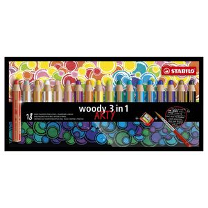 Buntstift, Wasserfarbe & Wachsmalkreide - STABILO woody 3 in 1 - ARTY - 18er Pack mit Spitzer und Pinsel - mit 18 verschiedenen Farben