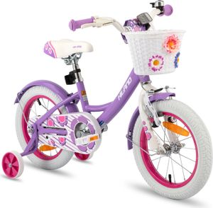 HILAND Petal 14 Zoll Kinderfahrrad für Mädchen ab 3 4 5 6 7 Jahren, mit Stützrädern Korb Handbremse Rücktrittbremse Klingel, Lila