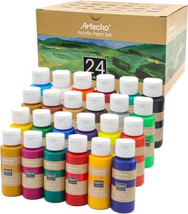 Artecho Acrylfarbe 24 wasserfeste Farben, je 59ml Flaschen mit Klappverschluss, für Papier, Ton, Holz, Steine – zum Reisen, Malen & Freude verschenken