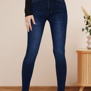 Dunkle Röhrenjeans mit hohem Bund, hohe Taille, wassergeprägter Schritt, hochelastische Röhrenjeans, Damen-Denim-Jeans, Damenbekleidung
