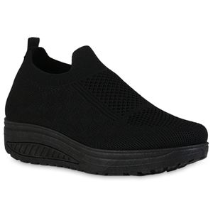 VAN HILL Damen Slip Ons Sneaker Keilabsatz Strick Plateau Vorne Schuhe 838325, Farbe: Schwarz, Größe: 39