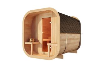 FinnTherm Fasssauna ScandiCube Premium Fasssauna 2 Sitzbänke aus Holz, Sauna mit 42 mm Wandstärke, Außensauna