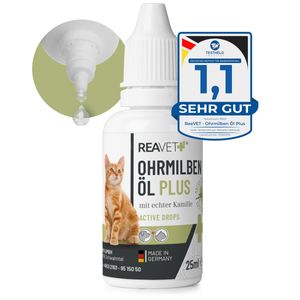 REAVET Ohrmilbenöl Plus 25ml sofort wirksames Mittel für Katzen & Hunde – gegen Ohrmilben mit Kamille für Hund & Katze, Sanfte Pflege bei Juckreiz im Ohr, Ohrentropfen Milben, Ohrenreiniger