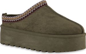 VAN HILL Damen Warm Gefütterte Pantoffeln Bequeme Plateau Prints Schuhe 840601, Farbe: Olivgrün, Größe: 37