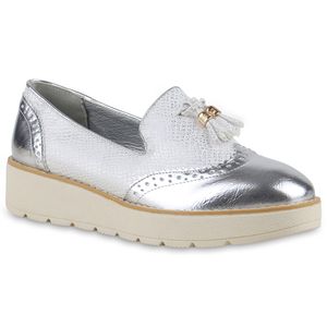 Mytrendshoe Damen Slipper Loafers Profilsohle Plateau Quasten Schuhe Metallic 814152, Farbe: Silber, Größe: 38