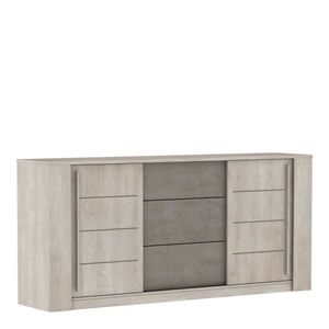 ANTIBES Sideboard 2 Schiebetüren + 3 Schubladen – Champagner-Eiche und beiger Beton – 206 x 44,9 x 94 cm