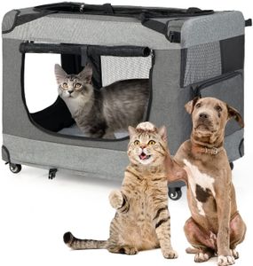 GOPLUS Katzentransportbox Groß mit 4 Rädern, Hundetasche Faltbar mit 3 Eingänge, Atmungsaktive Transporttasche für Katzen, Bodenplatte abnehmbar & waschbar