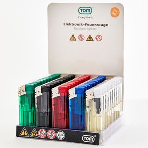 TOM Elektronik Feuerzeuge | Display | 50 Stück | Nachfüllbar | 5 Farben | Soft Flame | Elektronisch