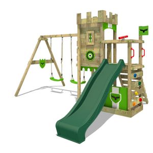 Fatmoose Spielturm Klettergerüst BoldBaron  mit Doppelschaukel & Rutsche  – grün